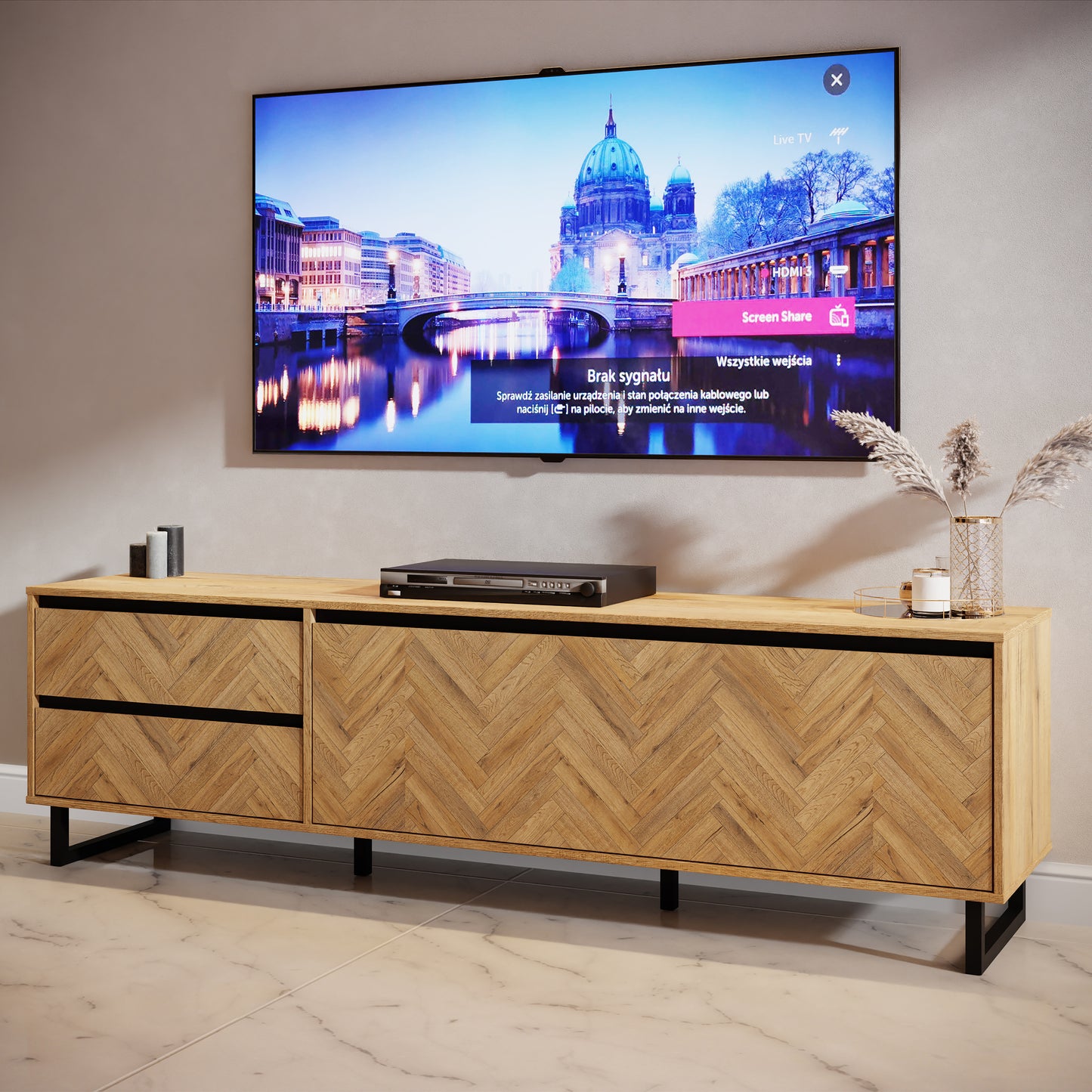nikomedes tv unit in spica oak/matt black/bartex oak