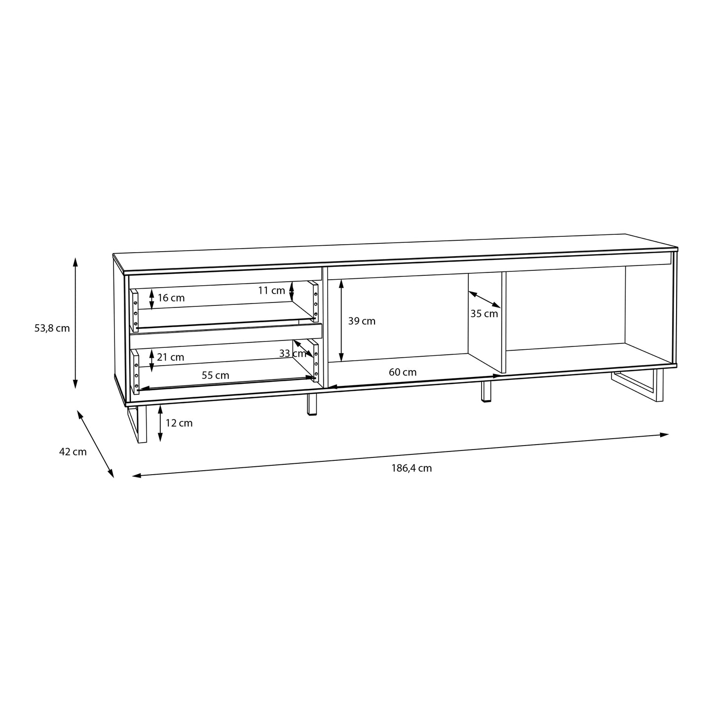 nikomedes tv unit in spica oak/matt black/bartex oak