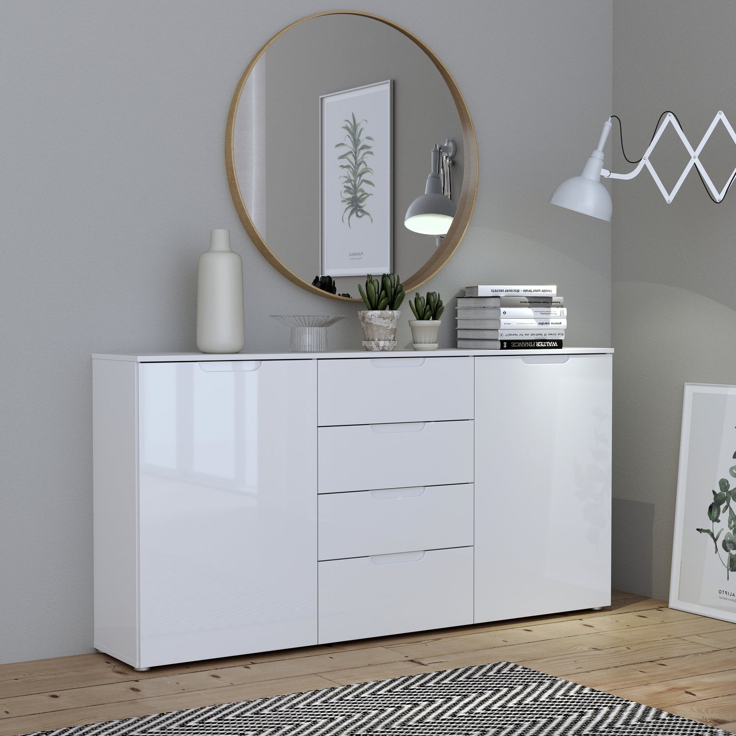 sienna wide chest of 4 drawers and 2 doors in white/white high gloss