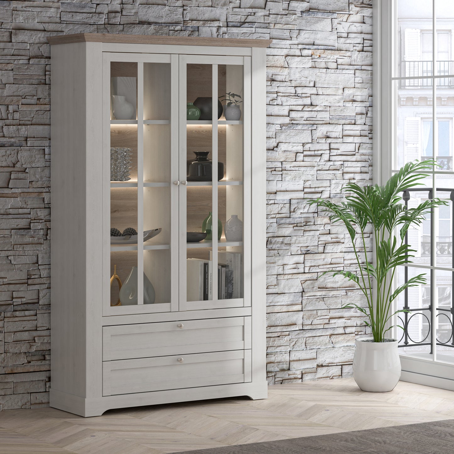 illoppa display cabinet in snowy oak/oak nelson