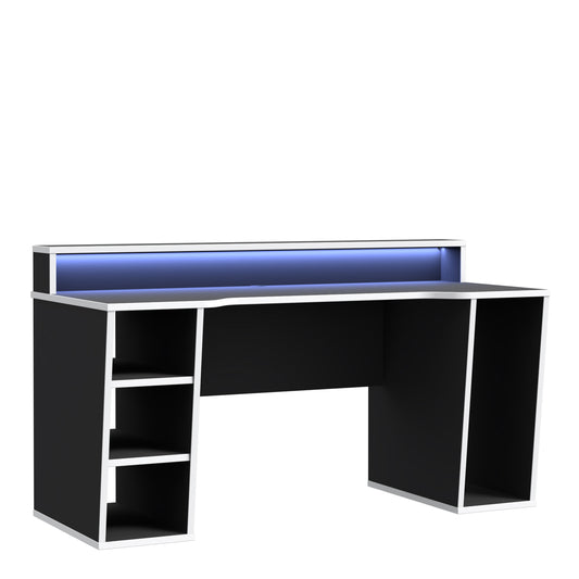 tezaur black gaming desk with white trim and colour changing led