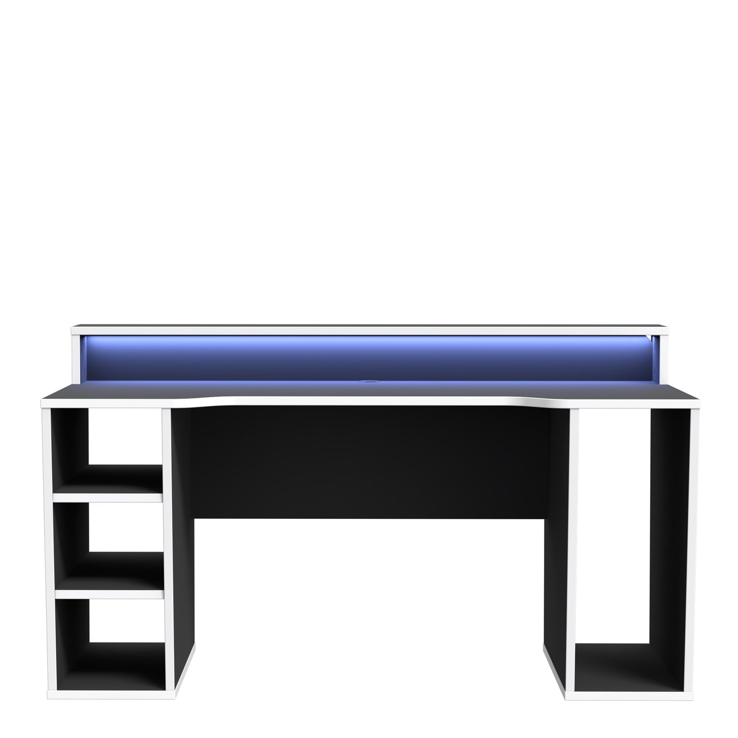 tezaur black gaming desk with white trim and colour changing led