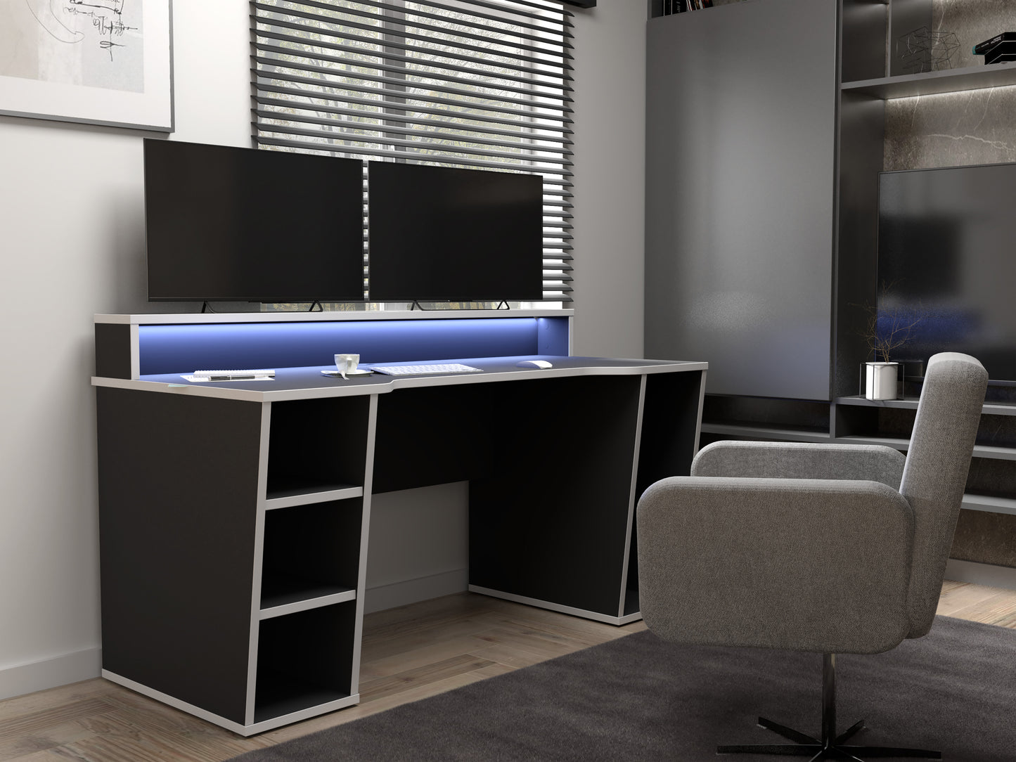 tezaur black gaming desk with white trim and colour changing led