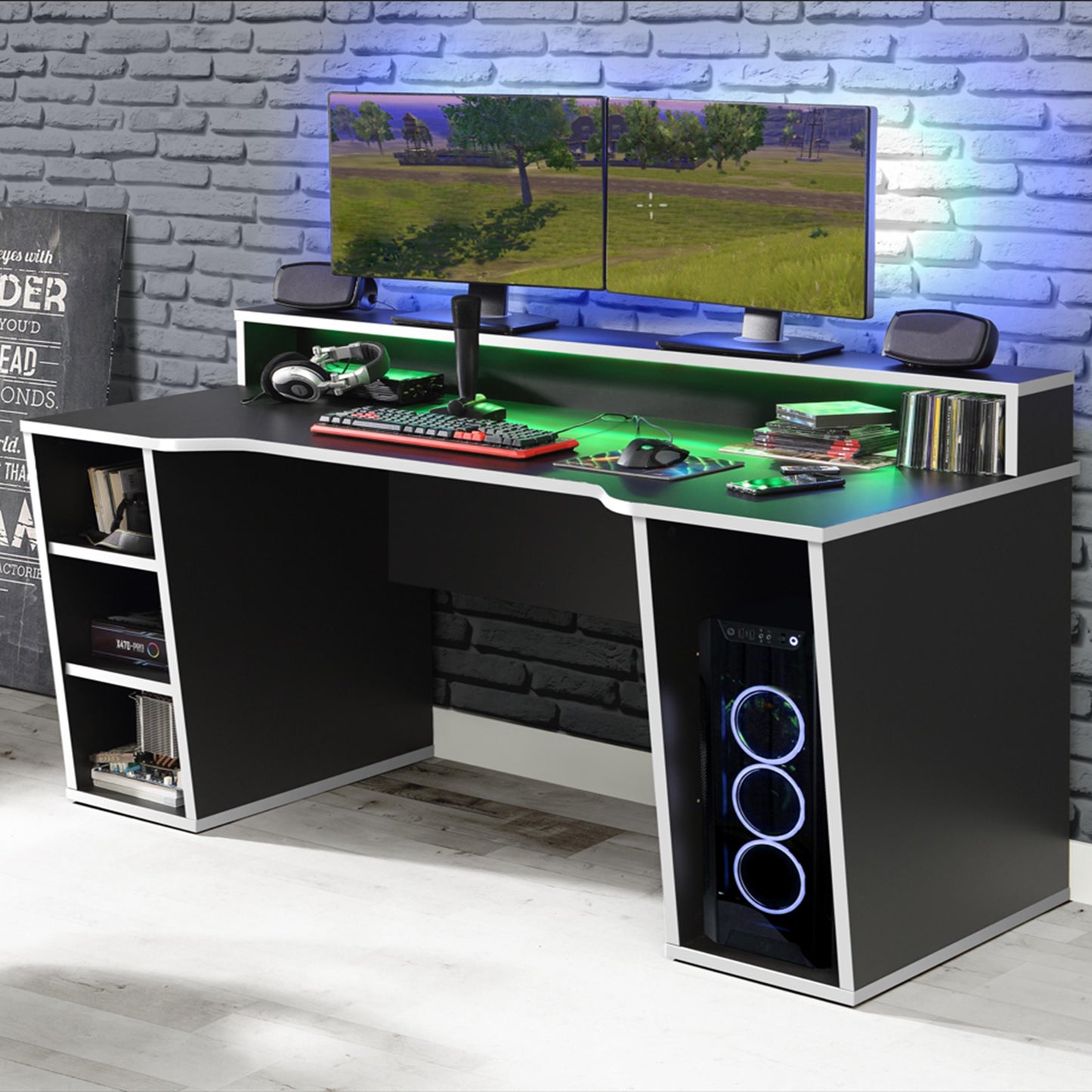 tezaur black gaming desk with white trim and colour changing led