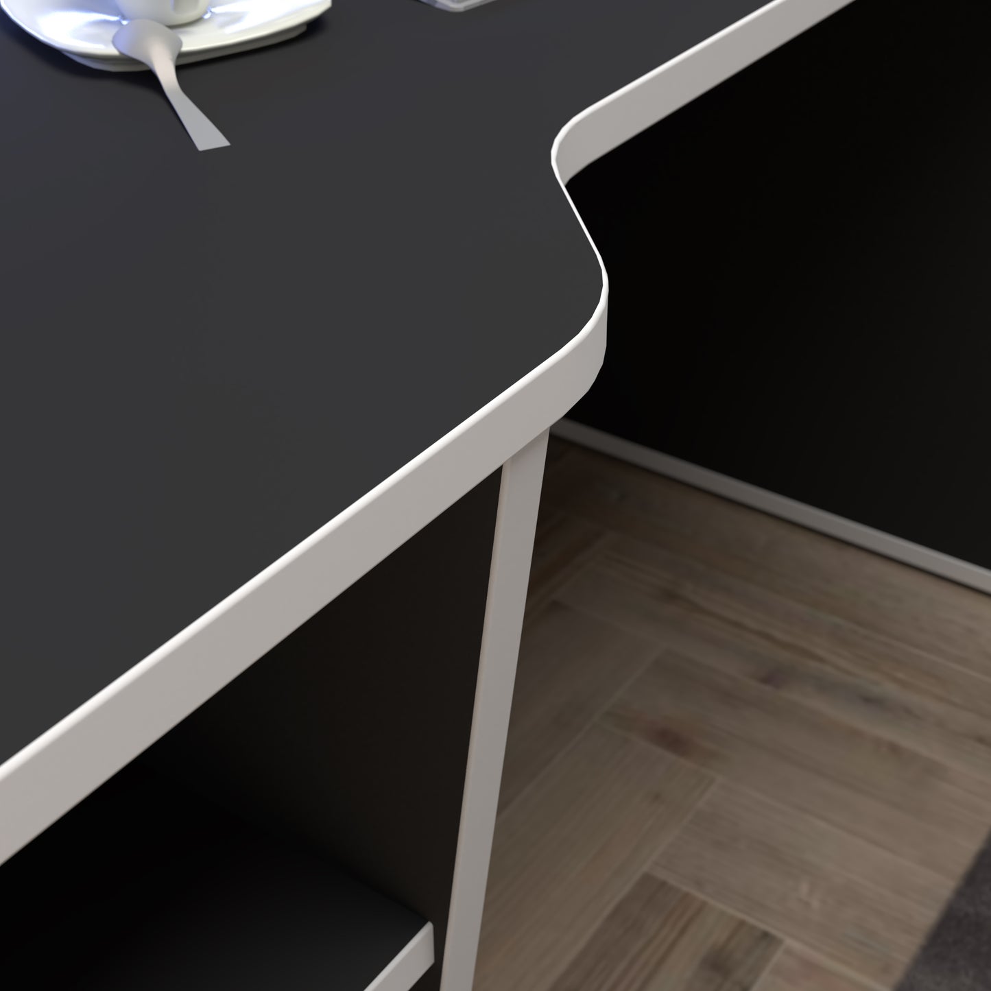 tezaur black gaming desk with white trim and colour changing led