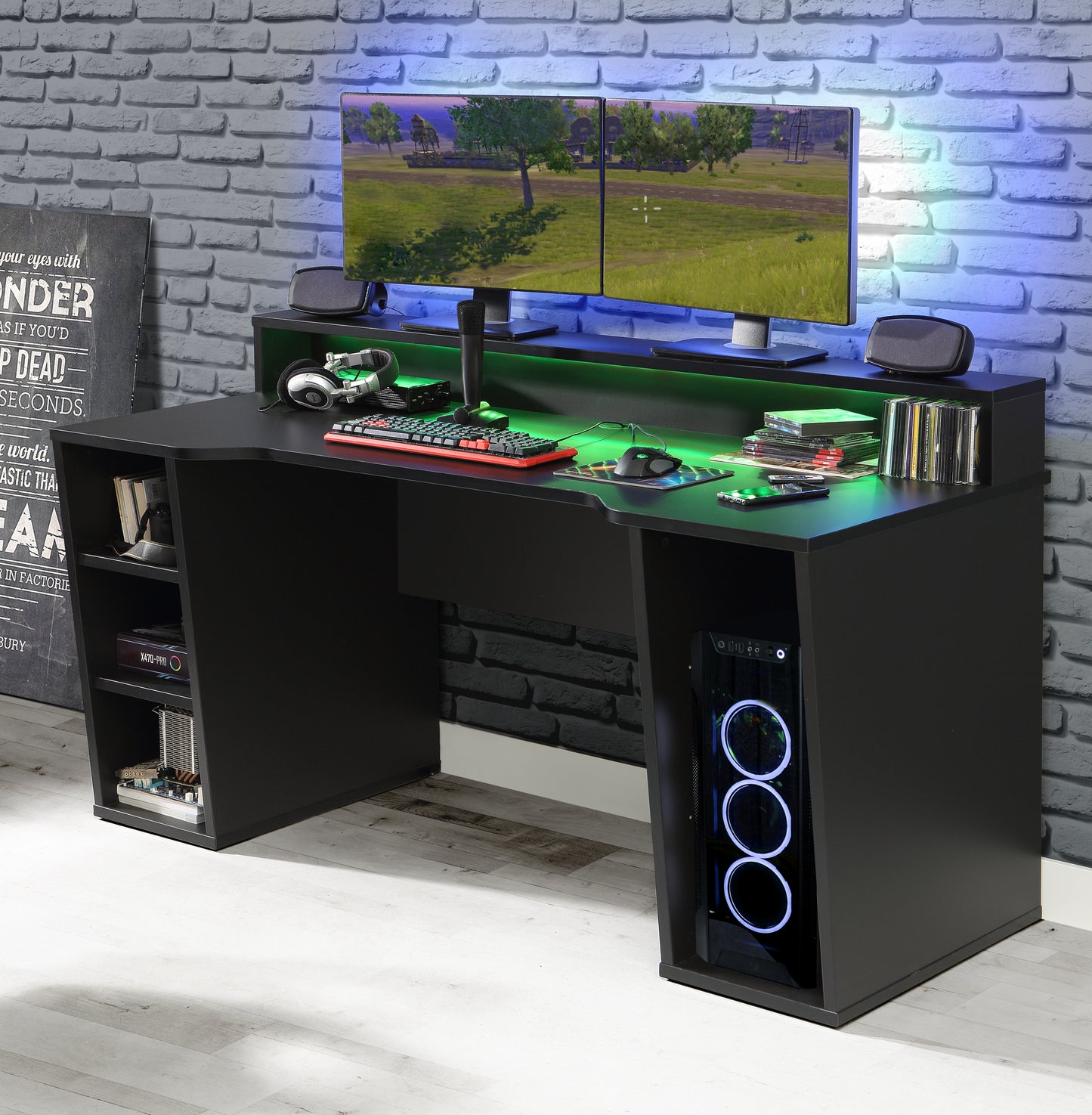 tezaur black gaming desk 2 shelves with colour changing led