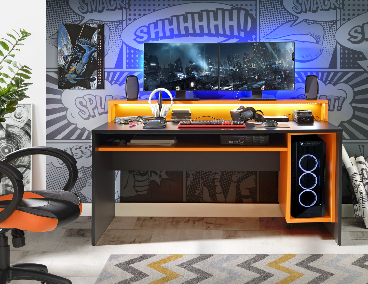 tezaur black/orange gaming desk with colour changing led