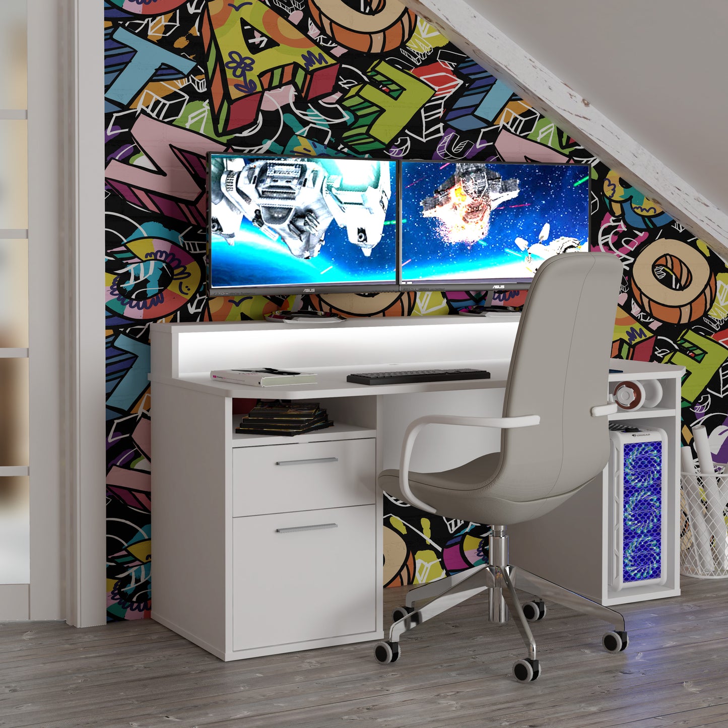 tezaur white gaming desk with colour changing led