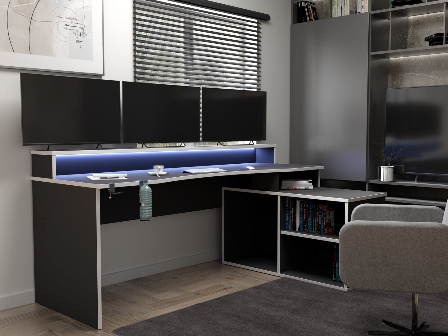 tezaur black storage gaming desk 3 shelves with colour changing led