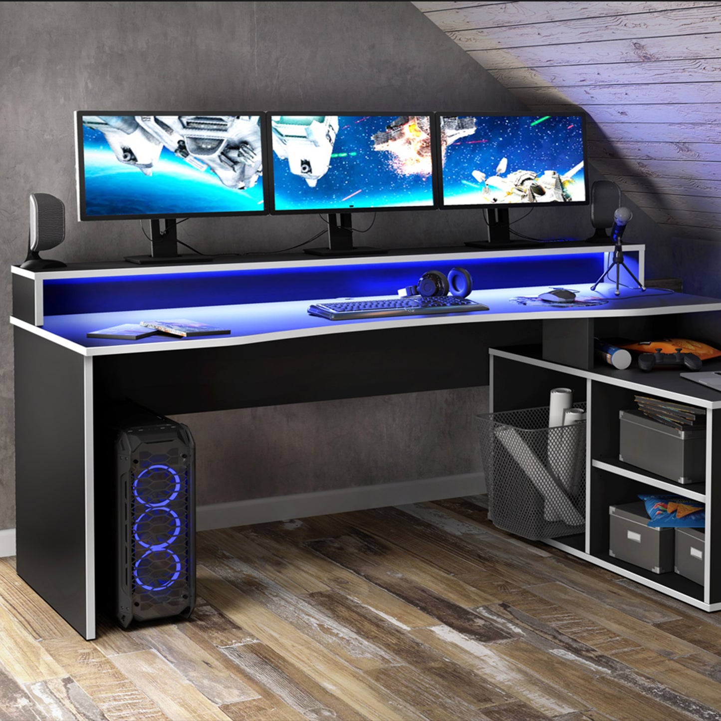 tezaur black storage gaming desk 3 shelves with colour changing led