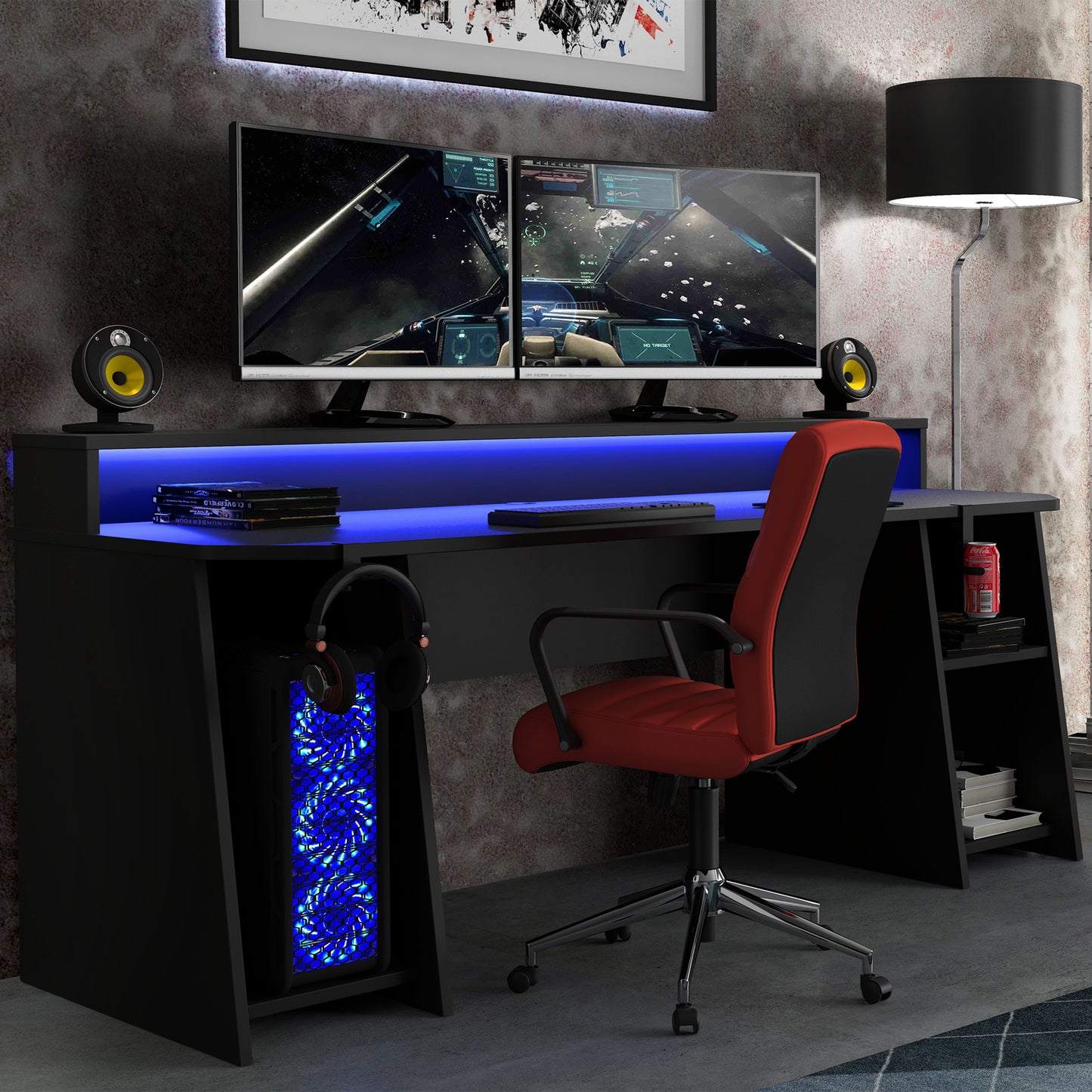 tezaur wide black gaming desk with colour changing led