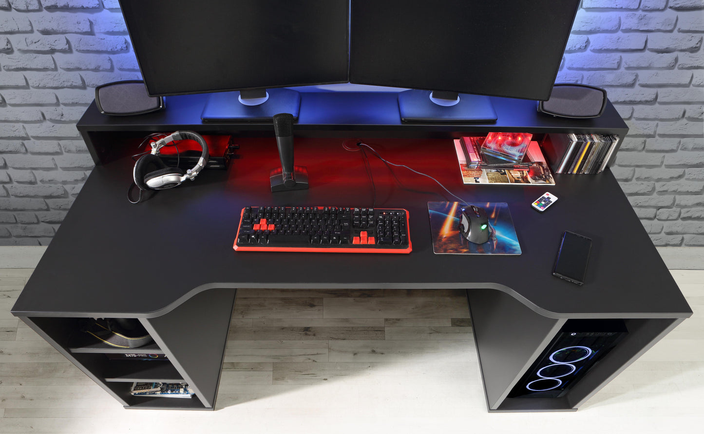 tezaur wide black gaming desk with colour changing led