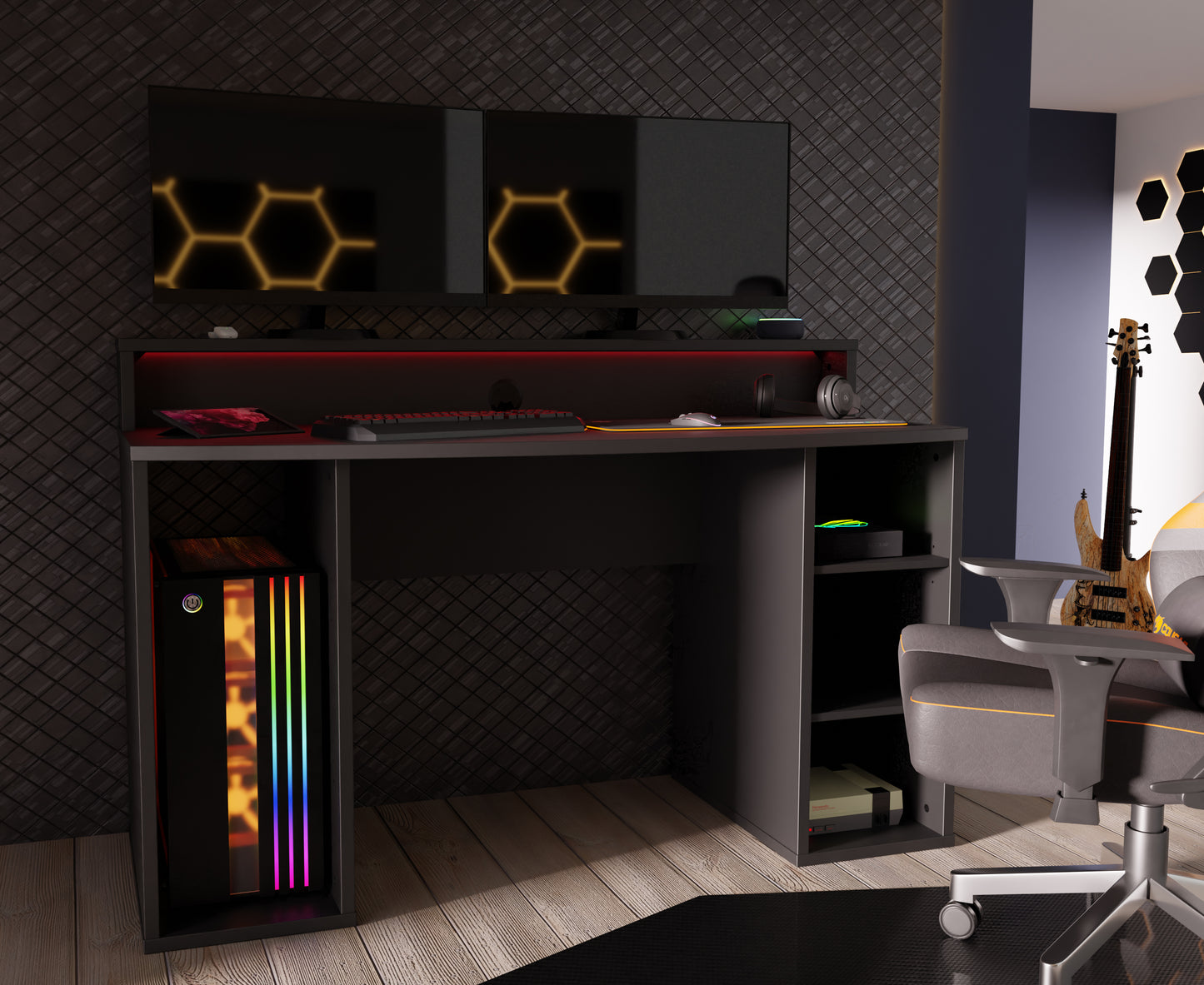 tezaur black gaming desk with colour changing led