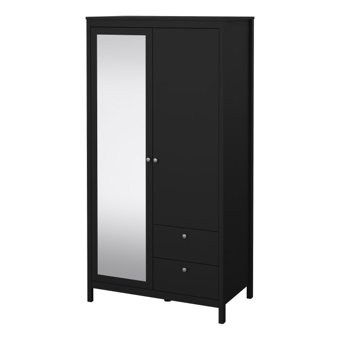 Madrid Wardrobe with 1 Door 1 Mirror Door 2 Drawers Matt Black