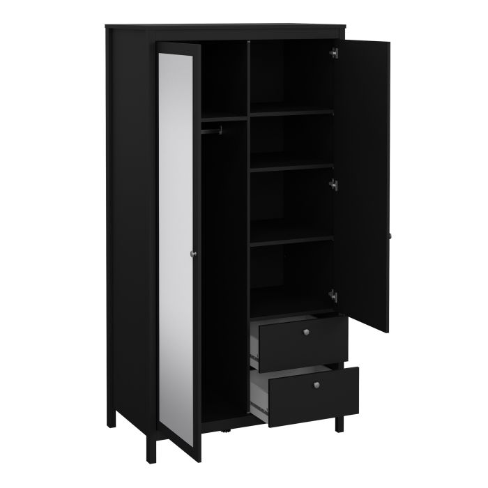 Madrid Wardrobe with 1 Door 1 Mirror Door 2 Drawers Matt Black