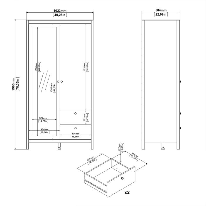 Madrid Wardrobe with 1 Door 1 Mirror Door 2 Drawers Matt Black