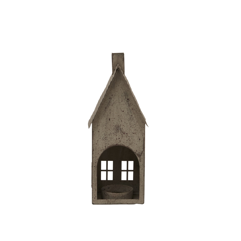 Tall Rustic Metal House Tealight With Glass Votive