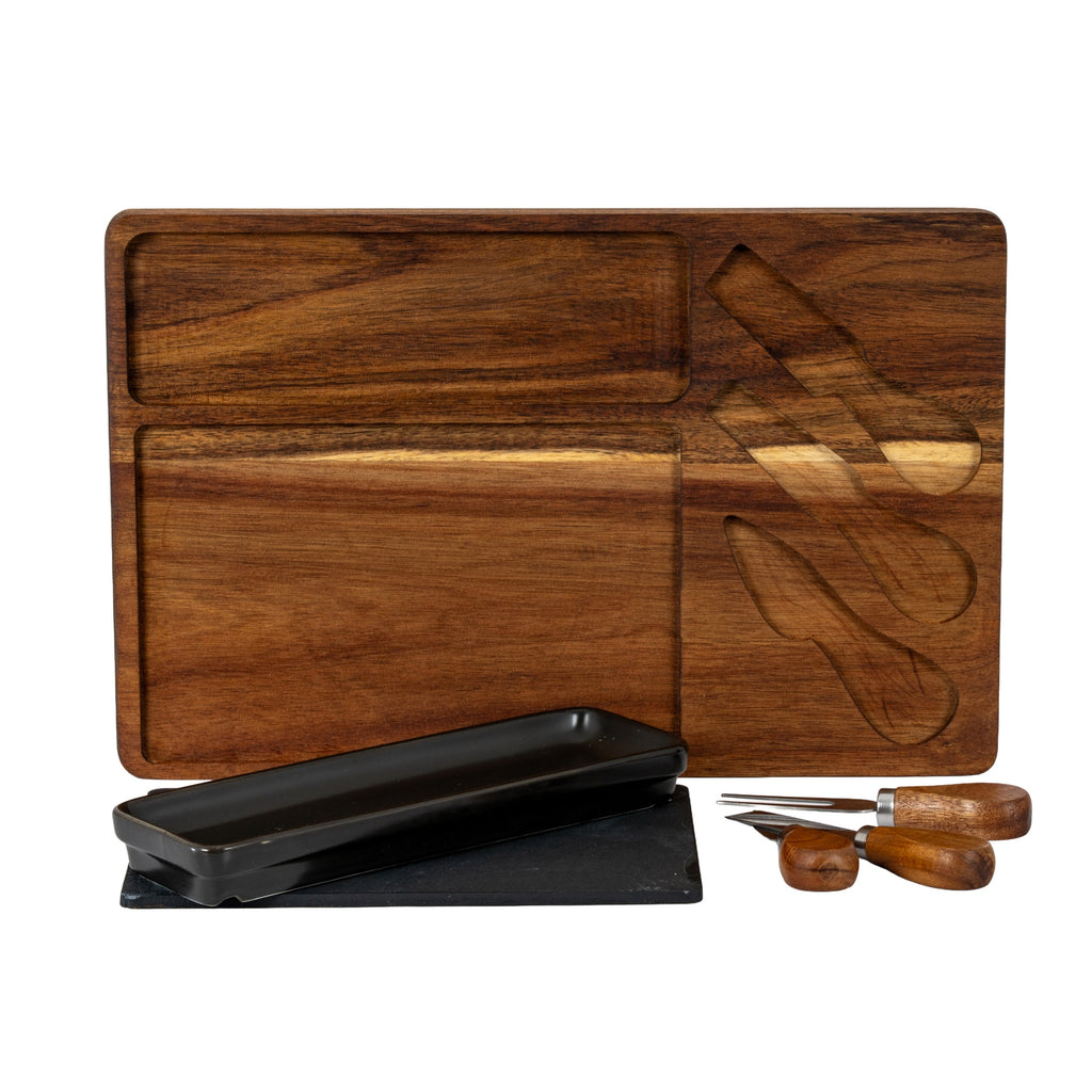 Acacia Cheese Board Set With Black Bowl, Slate and Cutlery