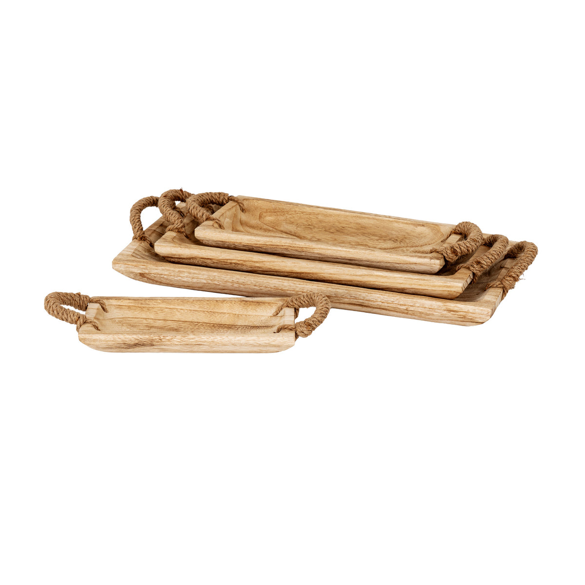 Set Of 4 Artisan Rectangular Trays With Rope Handles