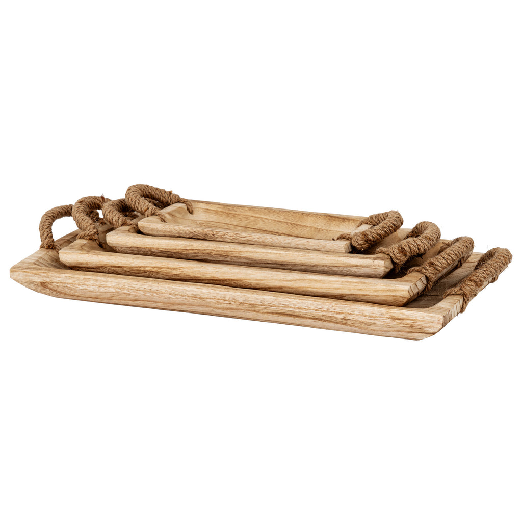 Set Of 4 Artisan Rectangular Trays With Rope Handles