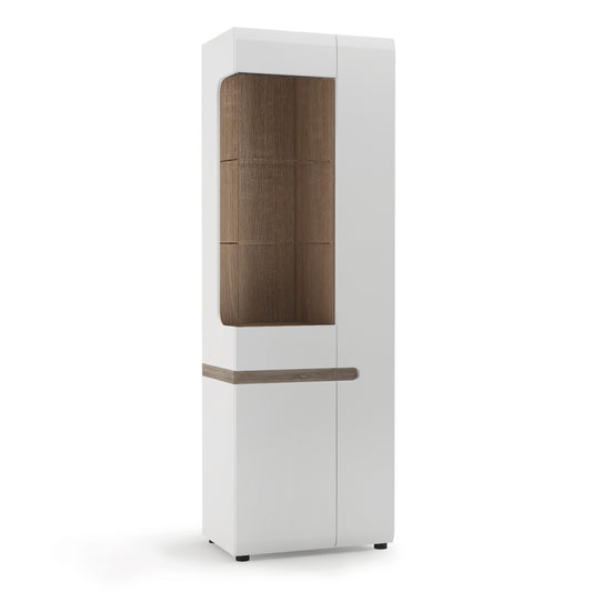 chelsea living tall glazed narrow display unit (rhd) in white with a truffle oak trim
