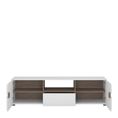 chelsea living wide tv unit in white with a truffle oak trim