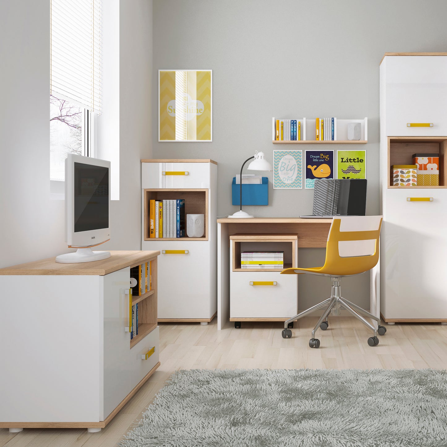 4kids 1 door 1 drawer narrow cabinet with orange handles