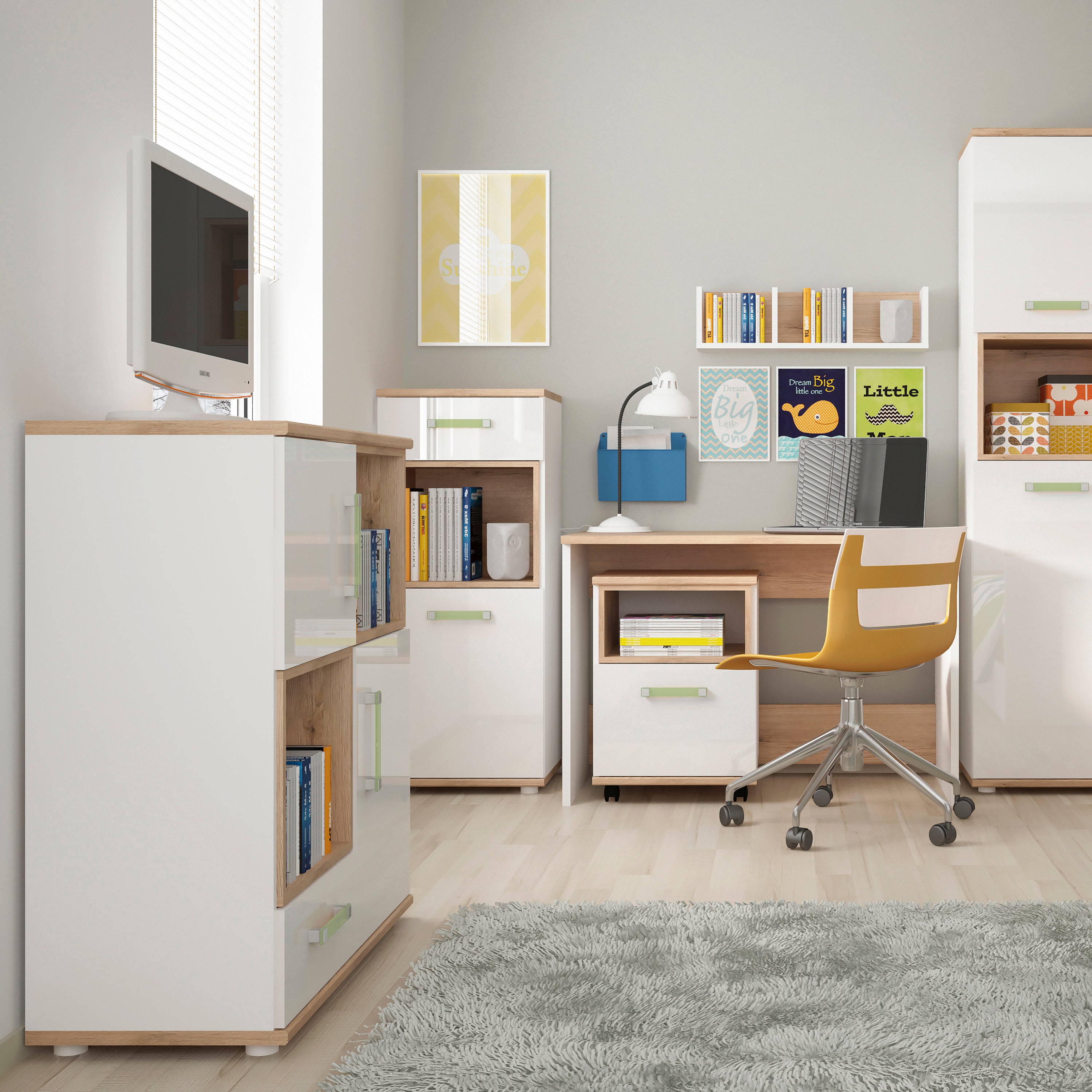 4kids 2 door 1 drawer cupboard with 2 open shelves with lemon handles