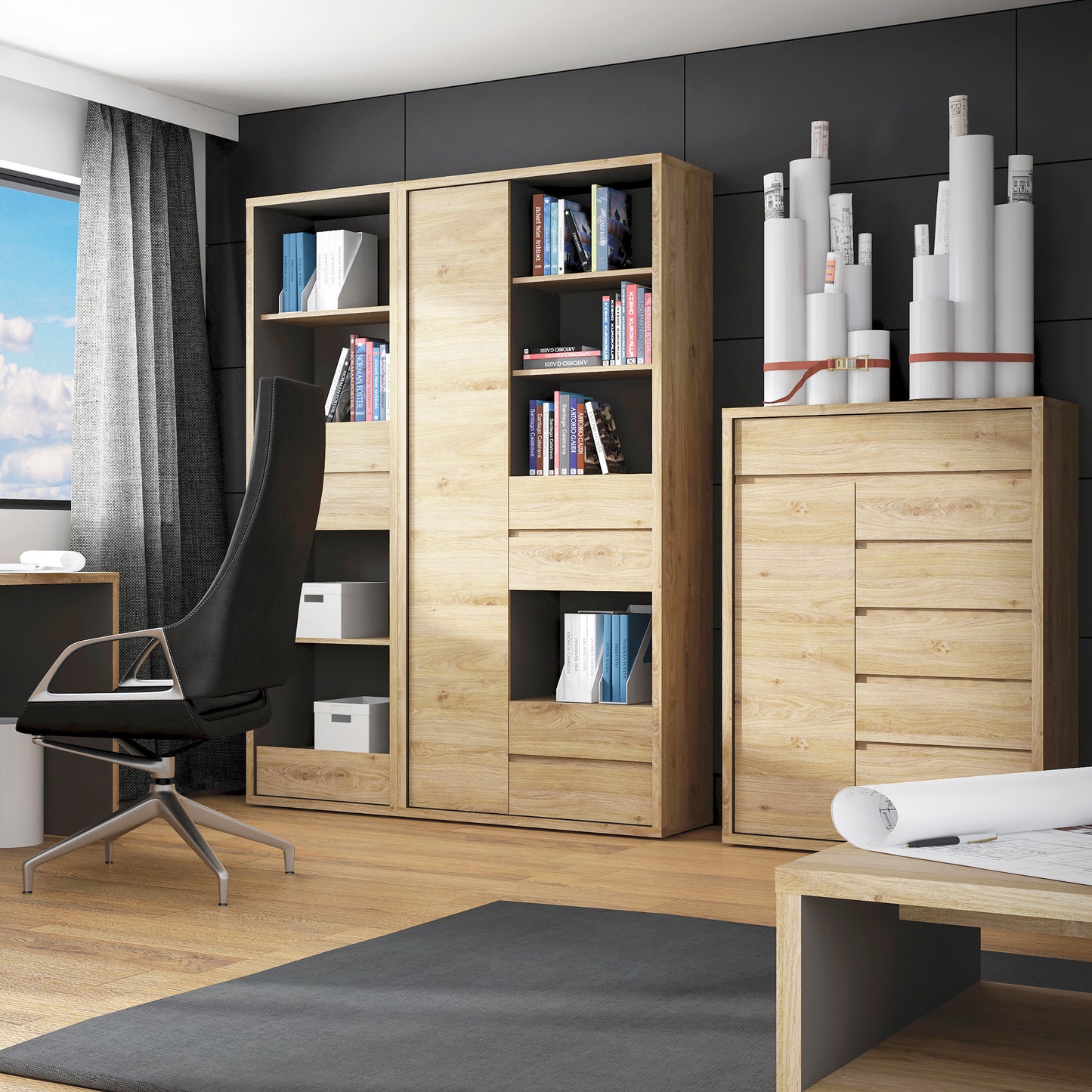 shetland tall wide 1 door 4 drawer bookcase