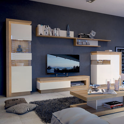 lyon 1 drawer tv cabinet with open shelf in riviera oak/white high gloss