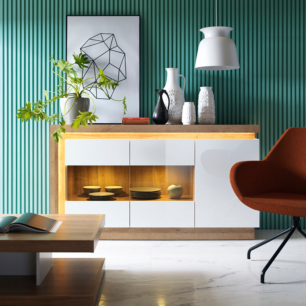 lyon 3 door glazed sideboard in riviera oak/white high gloss