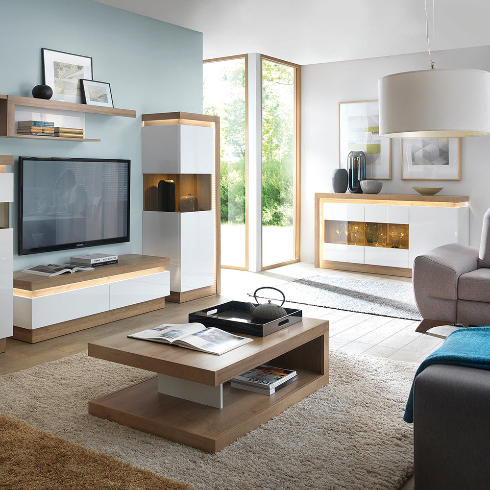 lyon 3 door glazed sideboard in riviera oak/white high gloss