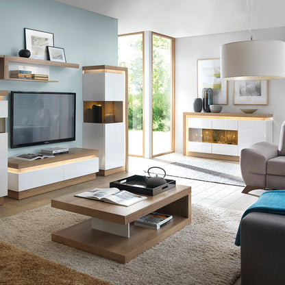 lyon 3 door glazed sideboard in riviera oak/white high gloss