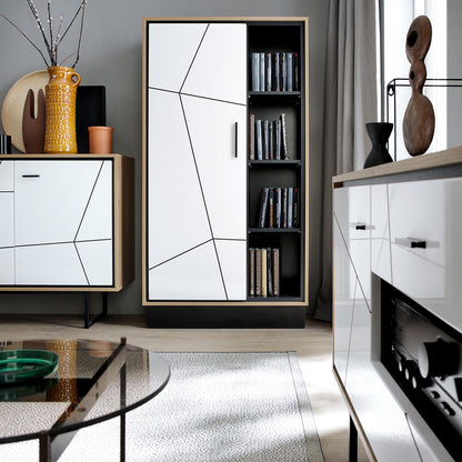 brolo wide 1 door bookcase with the walnut and dark panel finish