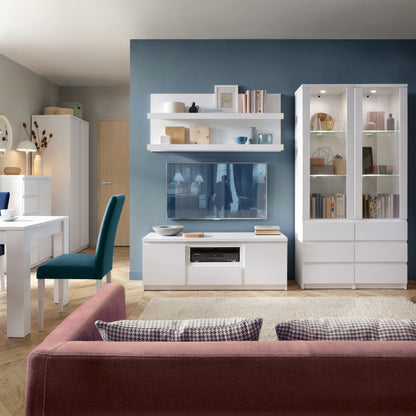 fribo tall narrow 1 door 3 drawer glazed display cabinet in white