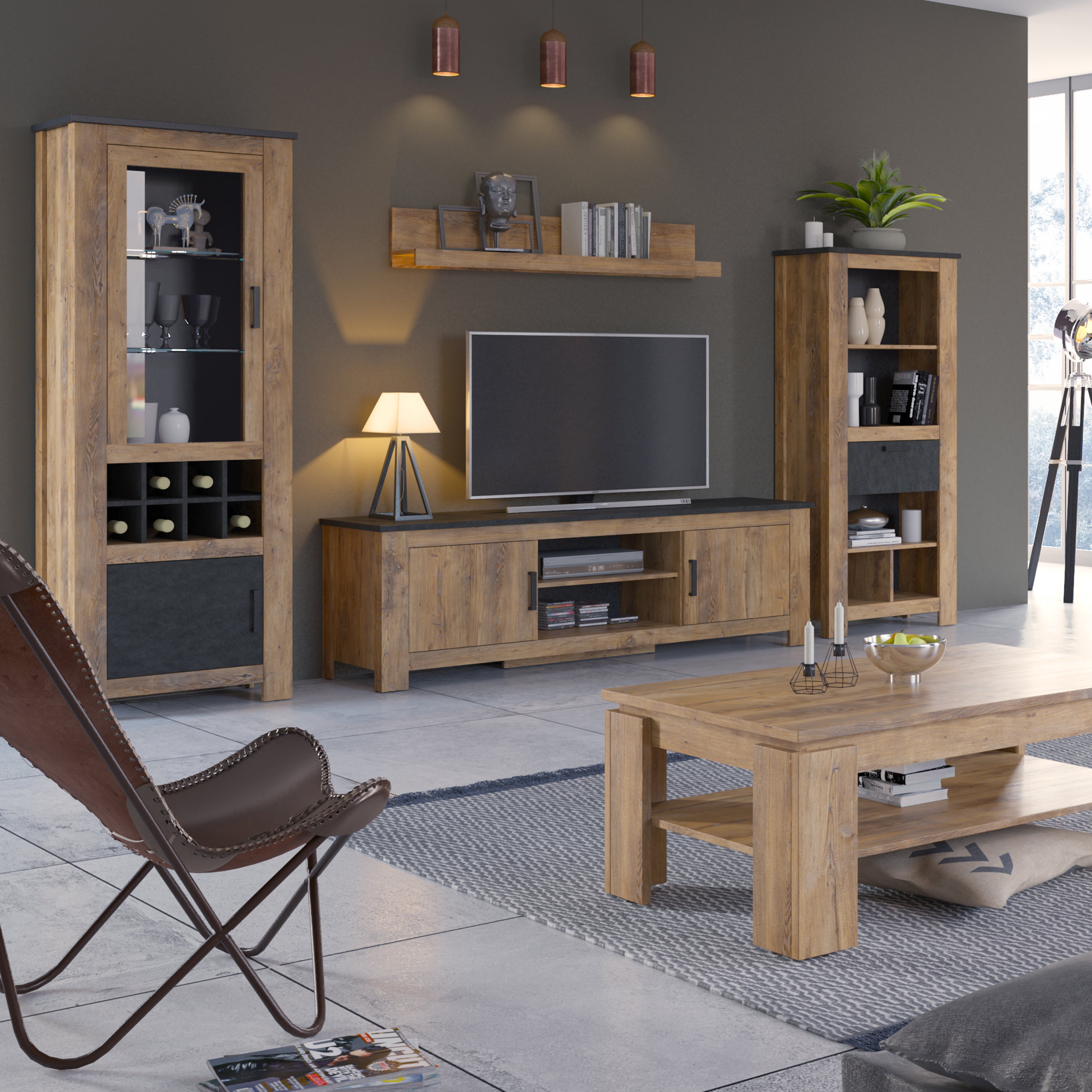Rapallo 2 door 189cm wide tv cabinet in chestnut and matera grey