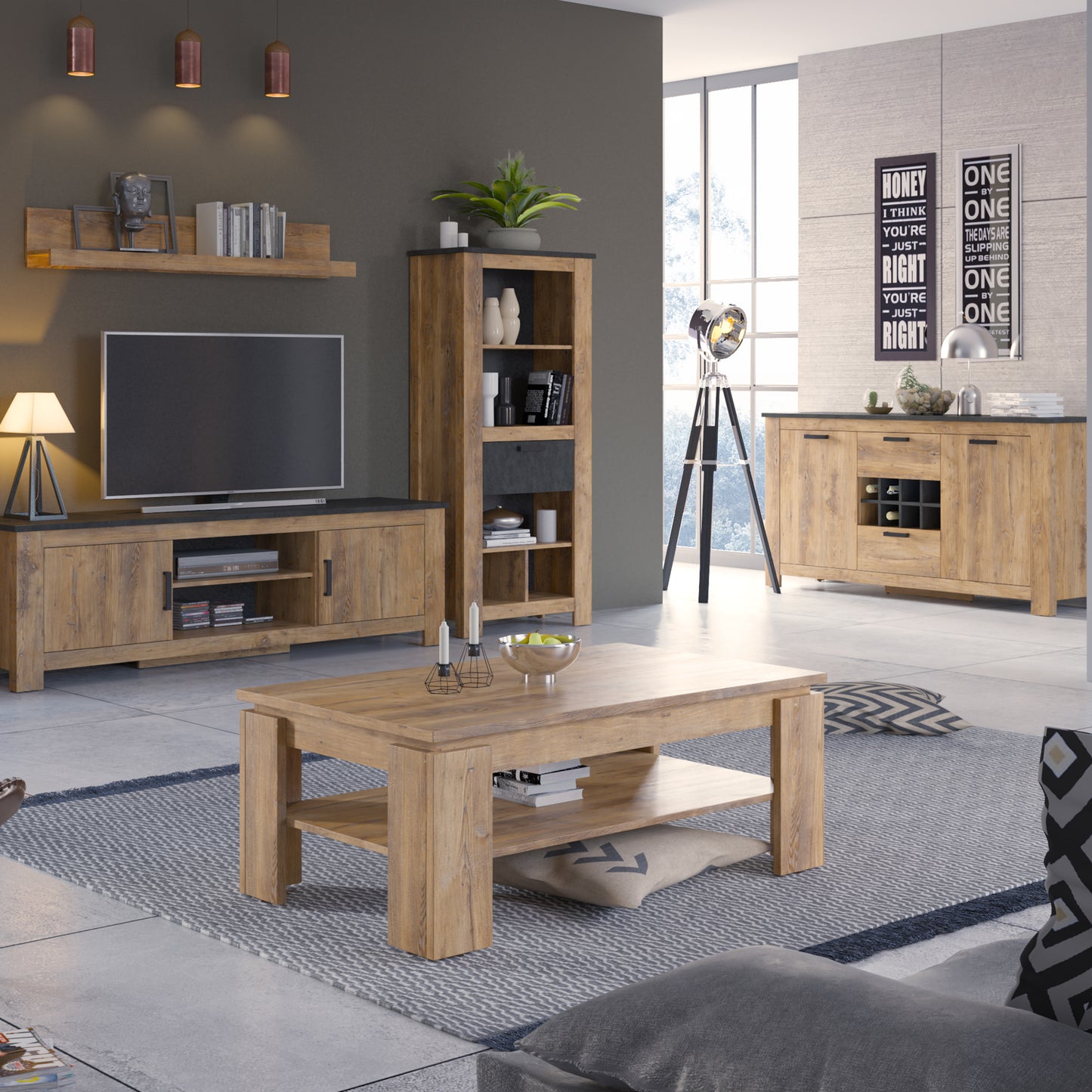 rapallo 135cm wide wall shelf in chestnut and matera grey