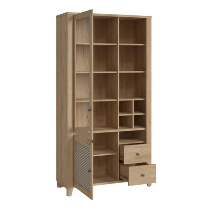 cestino 2 door 2 drawer display cabinet in jackson hickory oak and rattan effect