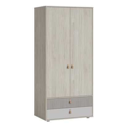 denim 2 door 2 drawer wardrobe in light walnut, grey fabric effect and cashmere