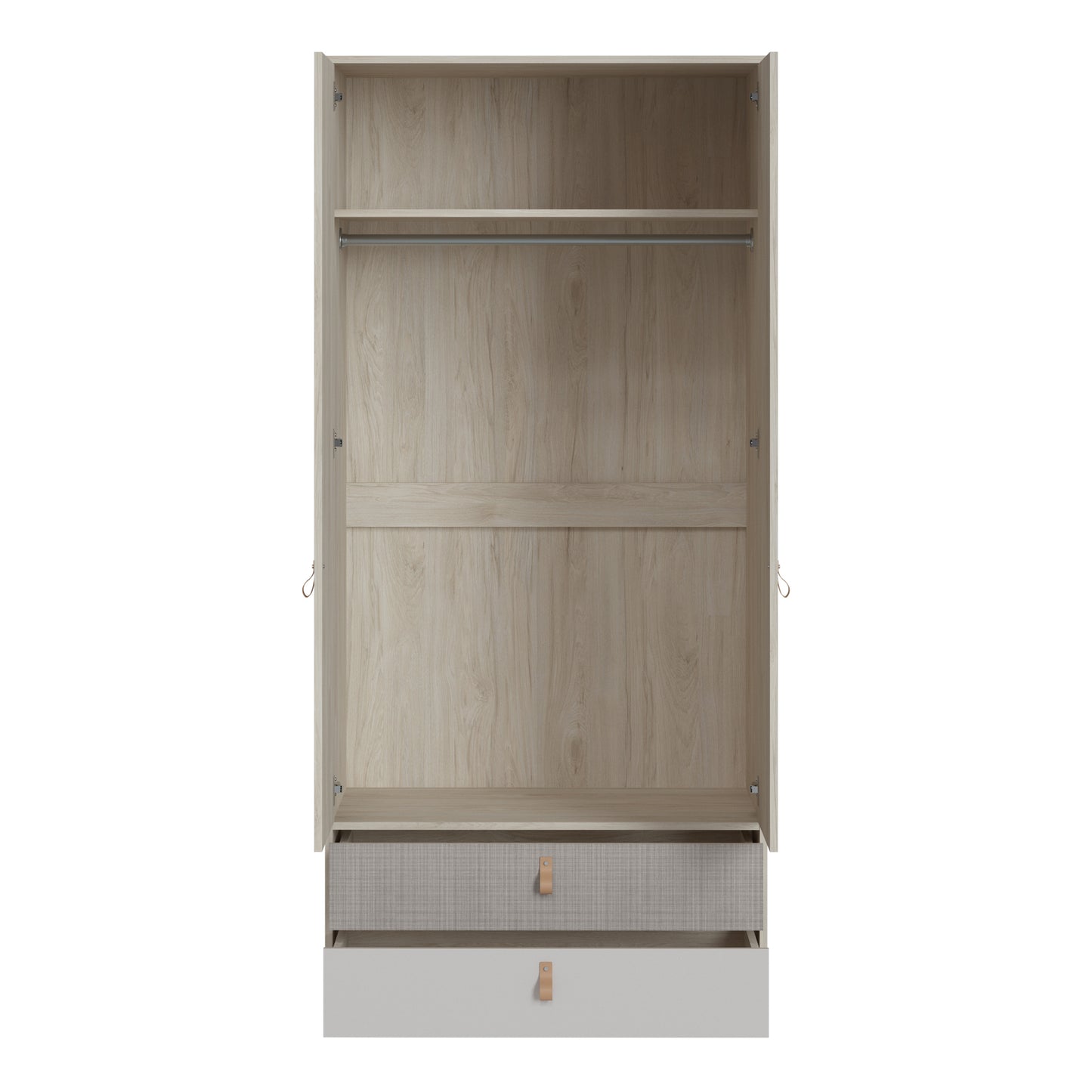 denim 2 door 2 drawer wardrobe in light walnut, grey fabric effect and cashmere