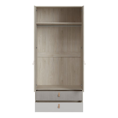denim 2 door 2 drawer wardrobe in light walnut, grey fabric effect and cashmere