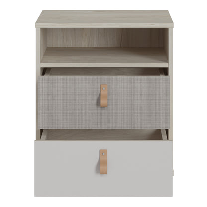 denim 2 drawer bedside cabinet in light walnut, grey fabric effect and cashmere