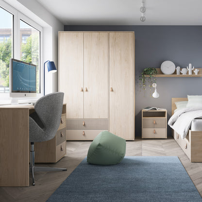 denim 2 drawer bedside cabinet in light walnut, grey fabric effect and cashmere