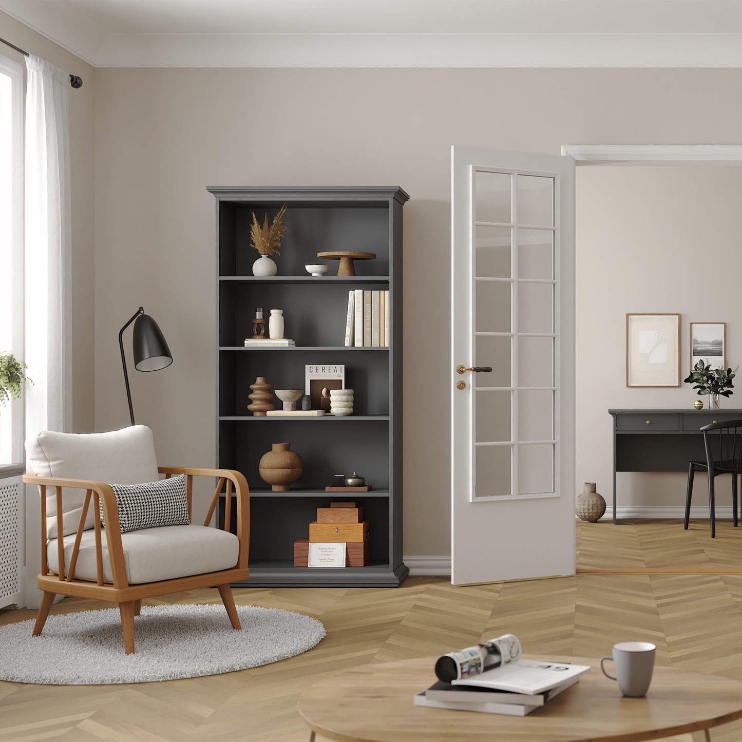 paris tall bookcase in matt grey