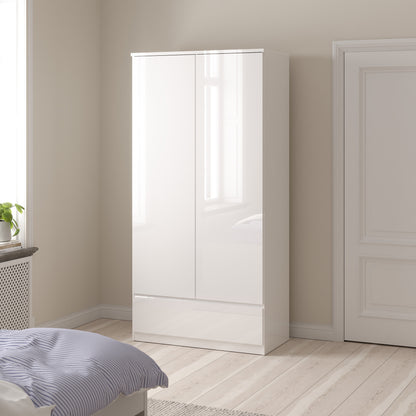 naia wardrobe with 2 doors 1 drawer in white high gloss