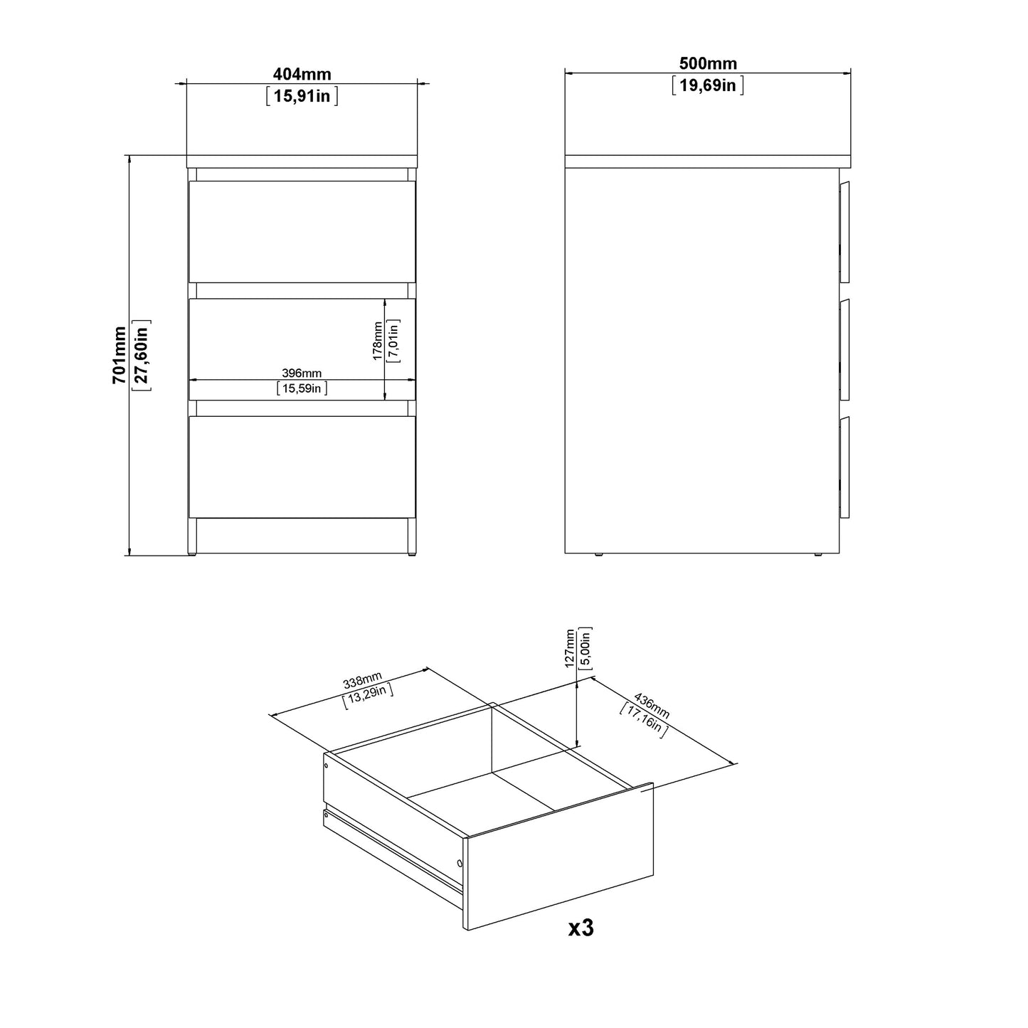 naia bedside 3 drawers in black matt