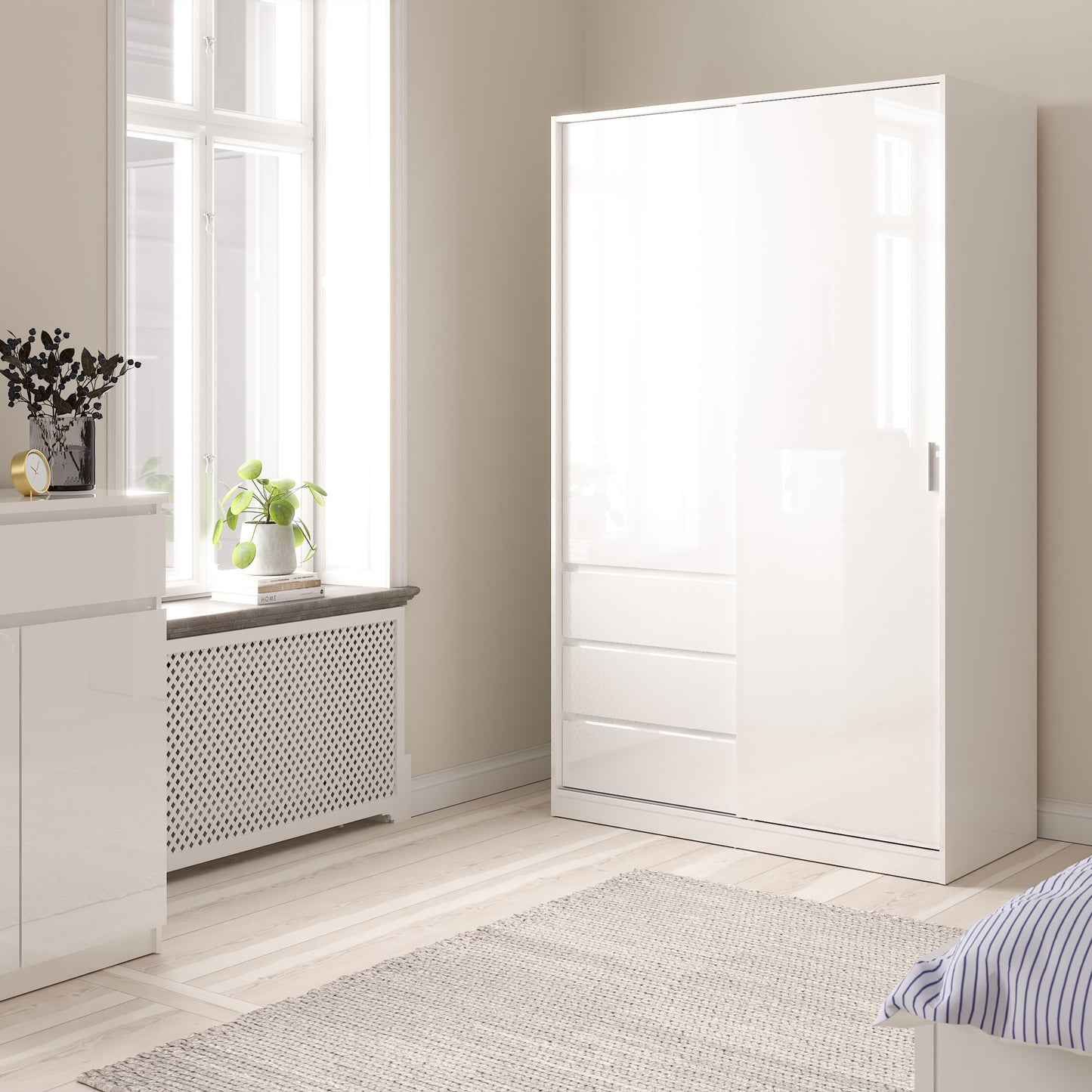 naia wardrobe with 1 sliding door 1 door 3 drawers in white high gloss