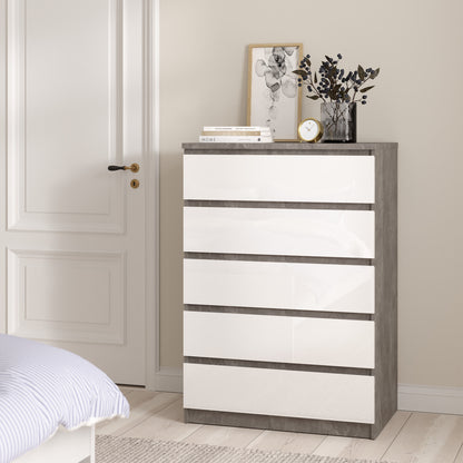 naia chest of 5 drawers in concrete and white high gloss