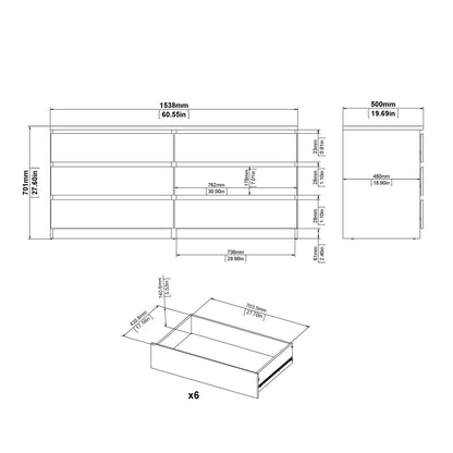 naia wide chest of 6 drawers (3+3) in white high gloss