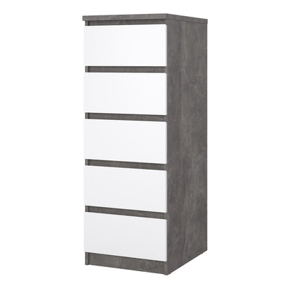 naia narrow chest of 5 drawers in concrete and white high gloss